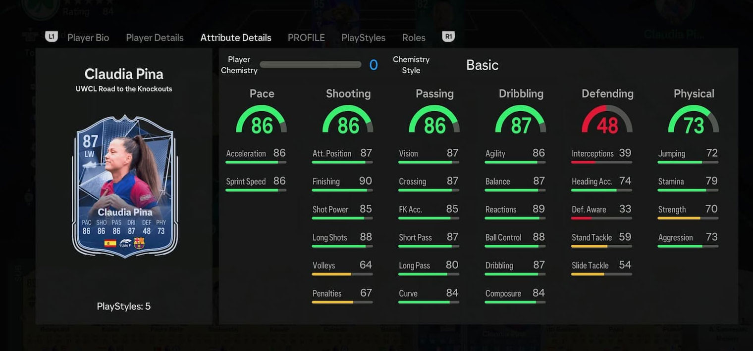 Statistiques de Claudia Pina dans le mode Ultimate Team d'EA FC 25