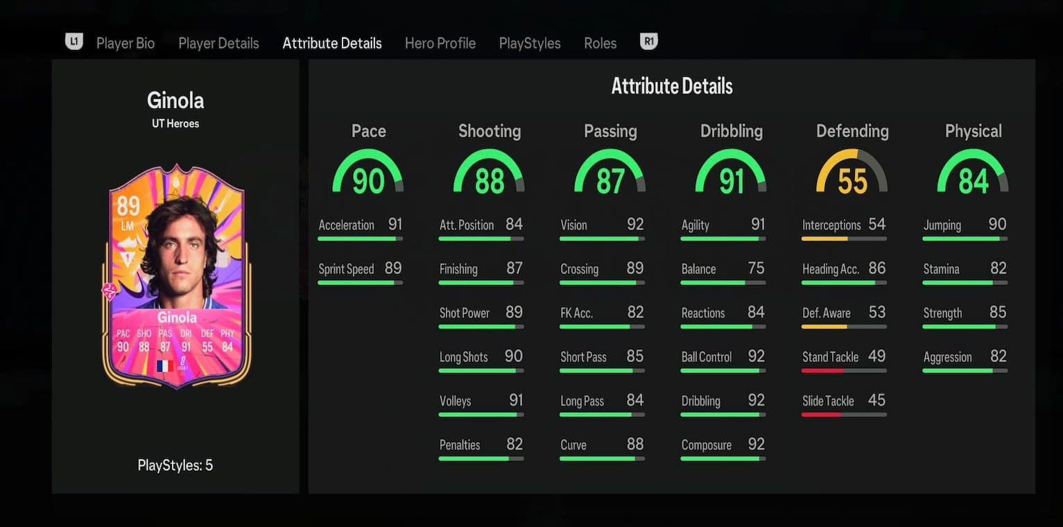 Statistiques de Ginola dans le mode Ultimate Team d'EA FC 25